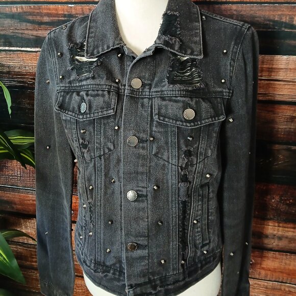 CI SONO Jean Jacket M Crop Distressed Studded Black Denim Grunge Biker - Picture 4 of 9